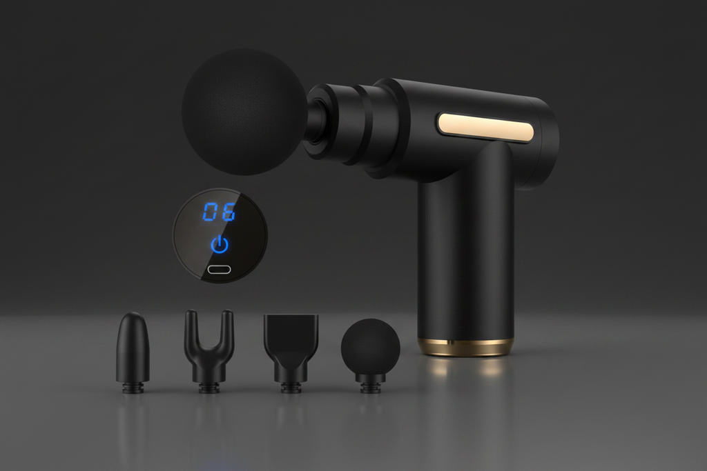 Black handheld massage gun with gold accents, shown with multiple interchangeable attachment heads and a small inset of a digital display screen.