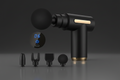 Black handheld massage gun with gold accents, shown with multiple interchangeable attachment heads and a small inset of a digital display screen.