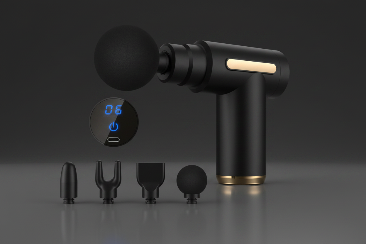 Black handheld massage gun with gold accents, shown with multiple interchangeable attachment heads and a small inset of a digital display screen.