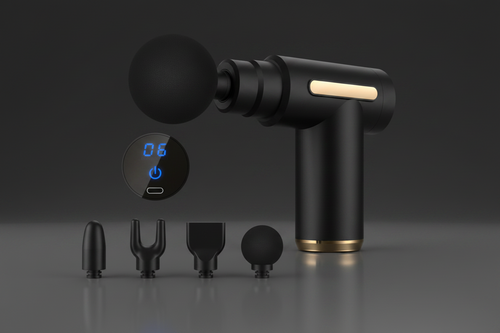 Black handheld massage gun with gold accents, shown with multiple interchangeable attachment heads and a small inset of a digital display screen.